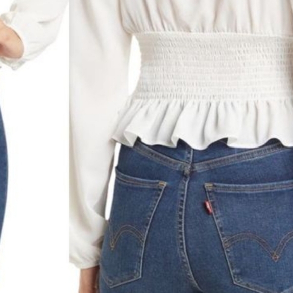 WAYF Smockedwaist Raglan Blouse Top in White Ruffle Trim Long Sleeve Size M - Picture 3 of 4